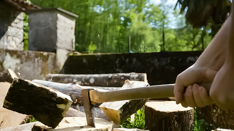 Close-up of an axe splitting wood with wood chips flying, outdoors on a sunny day