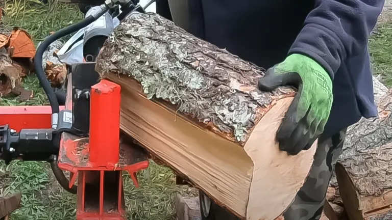 Person operating a hydraulic wood splitter, splitting a log with bark intact