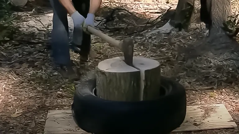 Axe wedged in a log secured within a tire for splitting, demonstrating the tire trick