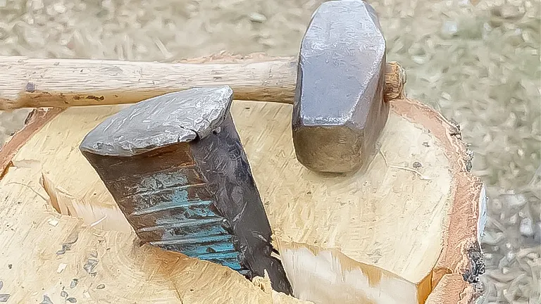Wedge and sledgehammer on a freshly split log, illustrating wood splitting tools