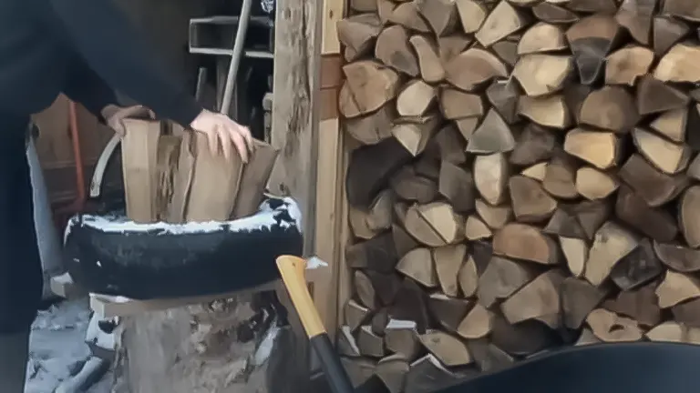 Person using the tire trick to split wood, with split logs neatly stacked in the background