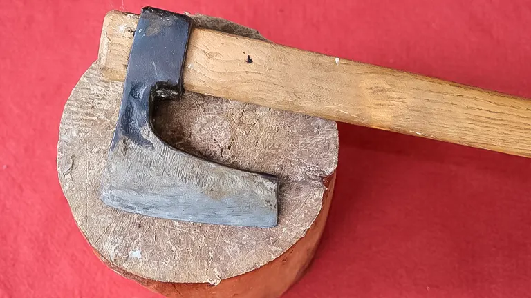 Axe resting on a log against a red background, ready for wood splitting