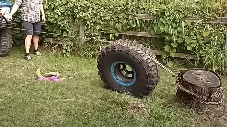 Large tire attached to a tree stump, set up for the wood-splitting tire trick in a backyard