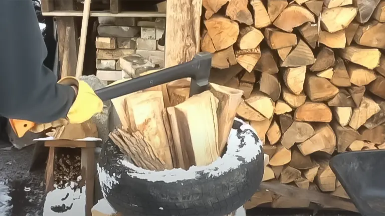 Axe lodged in wood contained by a tire for easy splitting