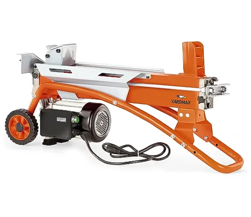 Orange and silver YARDMAX YS0552 electric log splitter with stand and log tray