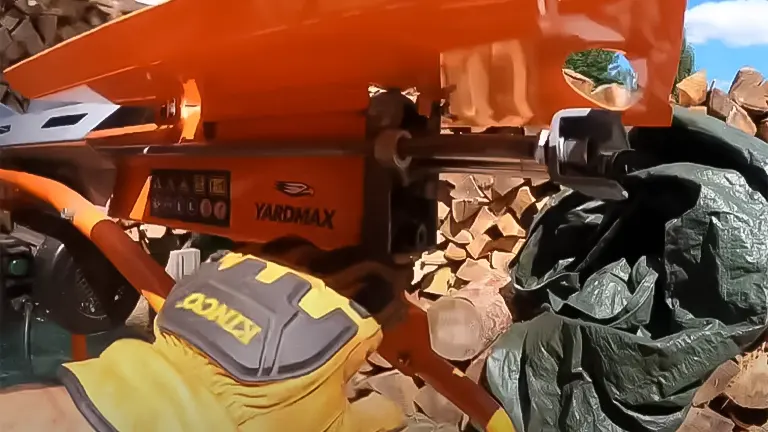 Close-up of YARDMAX electric log splitter being operated with gloved hand