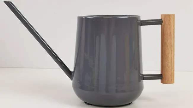 Modern gray watering can with a wooden handle