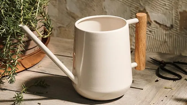 White Burgon & Ball watering can with wooden handle