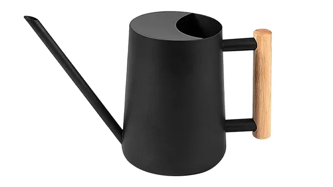 Black modern watering can with a wooden handle.
