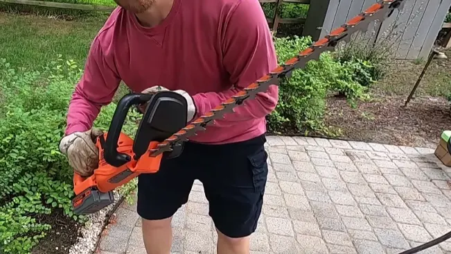 person holding an orange and black hedge trimmer in a garden setting with greenery and a paved walkway in the background