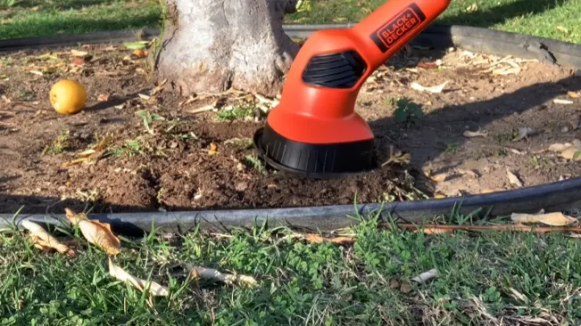 Black+Decker garden tool on grass near a tree base with an orange fruit to the left.