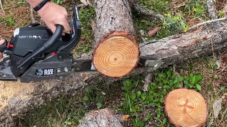 Person using a black and silver chainsaw to cut through a tree trunk.