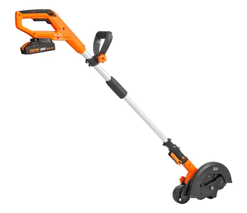 Orange and black electric string trimmer with adjustable handle and cutting guard