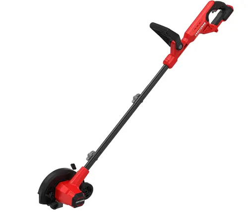 Red and black electric string trimmer with an adjustable handle