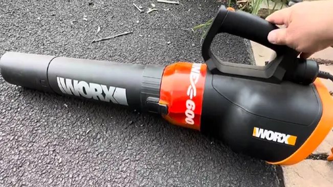 Person holding Worx leaf blower on driveway