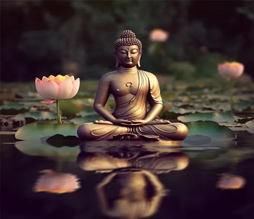 Buddha statue amidst lotus flowers on water, symbolizing peace and enlightenment