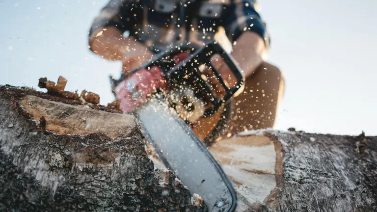 Person holding chainsaw cutting log in a curve way