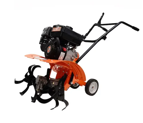 Motorized garden tiller with black tines and an orange body