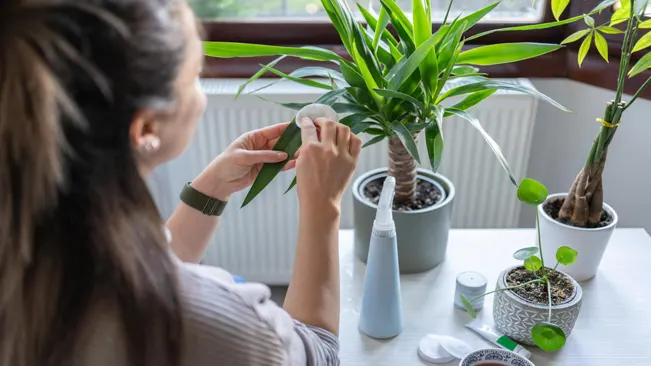 showing how to clean houseplant