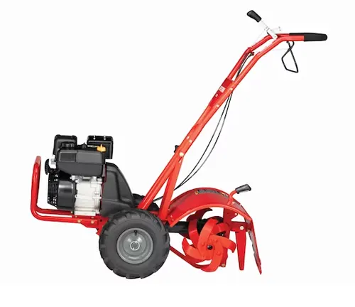 red rotary tiller with a black engine and wheels, used for soil cultivation