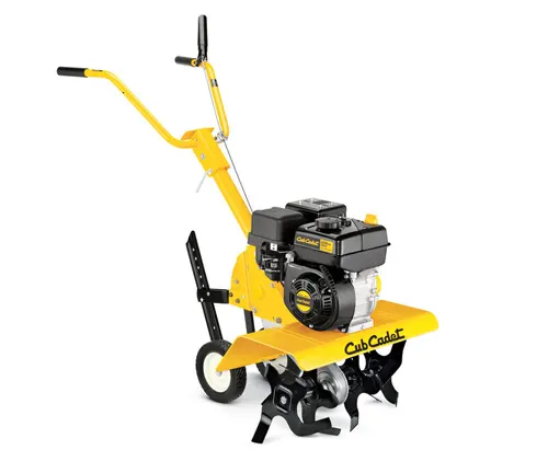 a yellow Cub Cadet garden tiller with a black engine and tilling blades. It’s designed for soil cultivation
