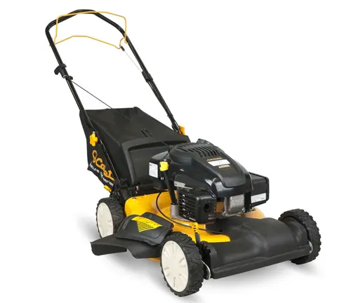 A cub cadet gas-powered lawnmower on a white background