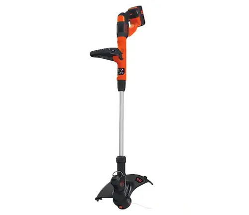 Cordless orange and black grass trimmer with an adjustable handle