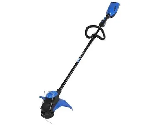 blue and black string trimmer on a white background.