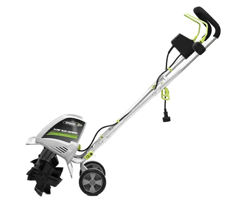 Electric garden tiller with green accents on a white background