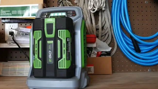EGO battery charger on a shelf with various tools and items in a well-organized workspace