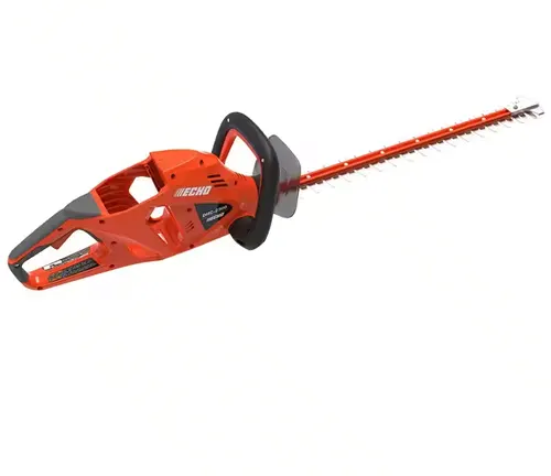 Red and black electric hedge trimmer on a well-organized workspace