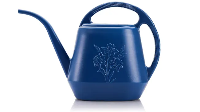 Blue watering can with floral design