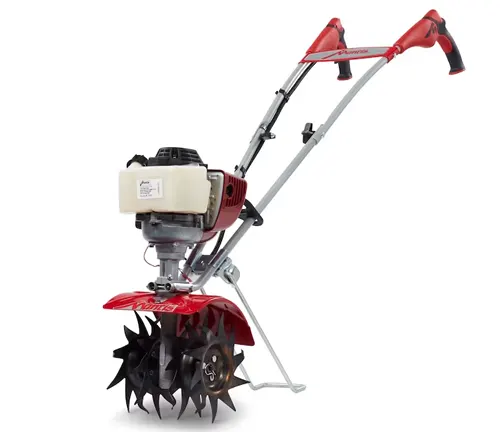 Red and silver motorized tiller with black tines on a white background