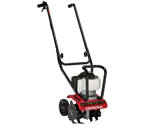 red and black Honda tiller with wheels and handles, designed for soil tilling. It’s a motorized gardening tool