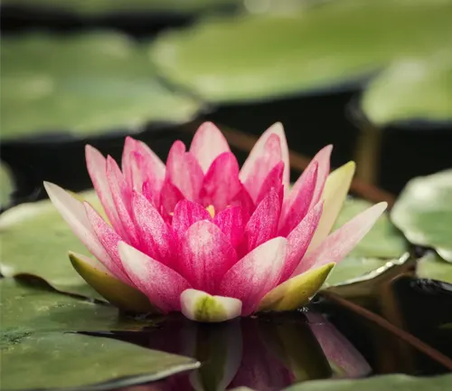 A vibrant pink water lily in full bloom surrounded by glossy green lily pads on a calm pond