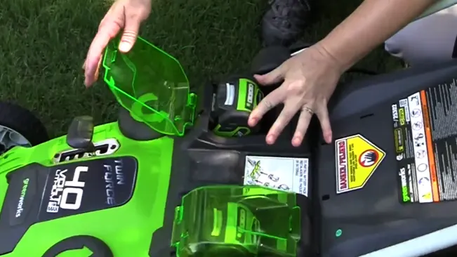 Person inserting a battery into a green and black lawnmower on grass