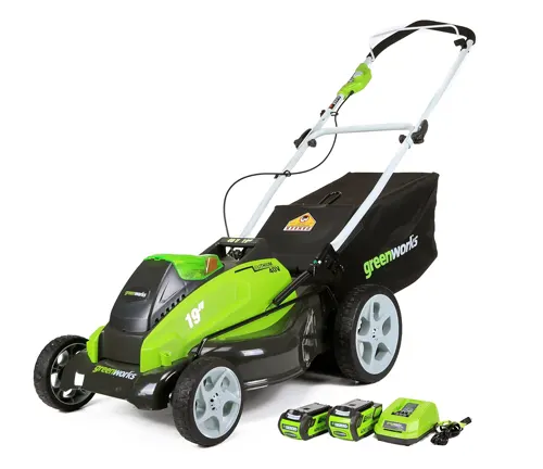 Greenworks lawn mower with two batteries and a charger.
