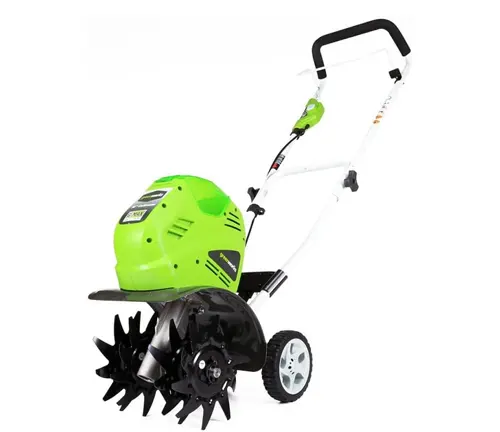 compact, green and black garden tiller with white wheels and handle, likely an electric model. It’s designed for easy maneuvering and soil aeration