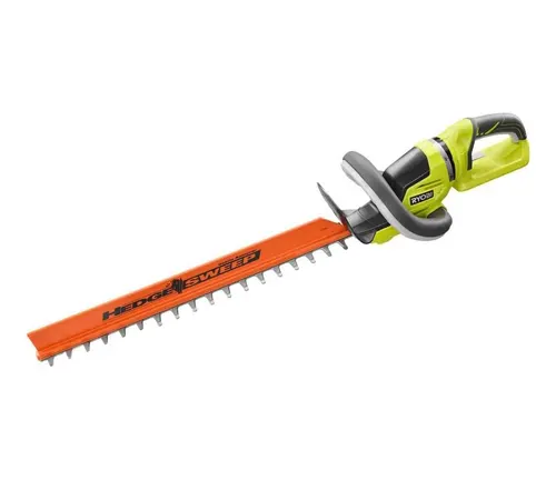 Ryobi hedge trimmer with a bright green and grey handle and an orange blade
