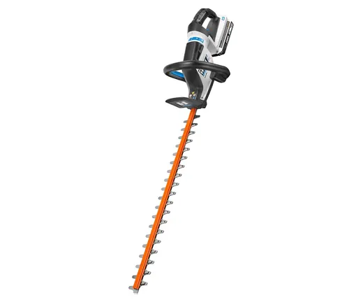 Cordless electric hedge trimmer with orange blade and black handle, isolated on a white background.