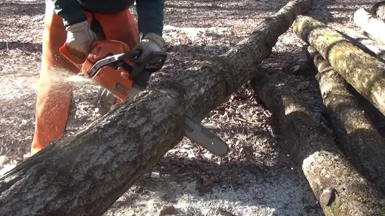 Person operating a Husqvarna 359 Chainsaw to cut a log.