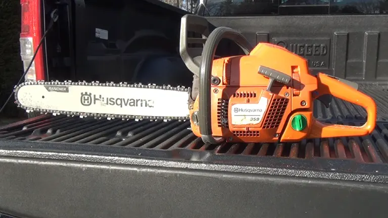 Husqvarna 359 chainsaw resting on the bed of a pickup truck.