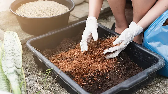 A person wearing gloves is mixing coconut coir into soil in a gardening tray, with a bag and a container of perlite nearby, preparing a well-aerated and nutrient-rich soil mix for planting.
