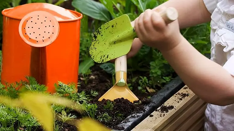 Child's hand using a Kinderific spade in a garden bed with an orange watering can in the background