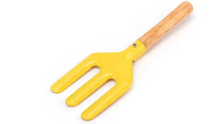 yellow Kinderific garden fork with a wooden handle