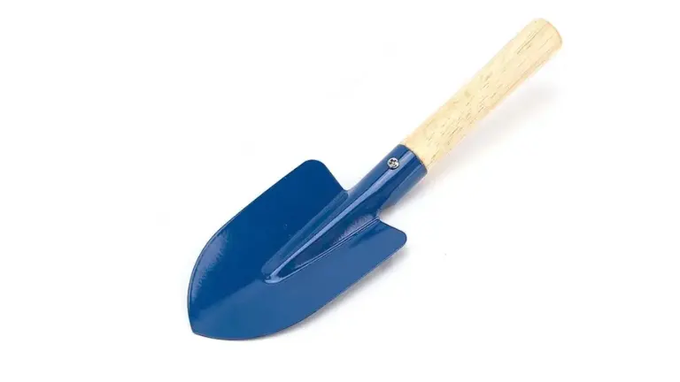blue Kinderific trowel with a wooden handle on a white background