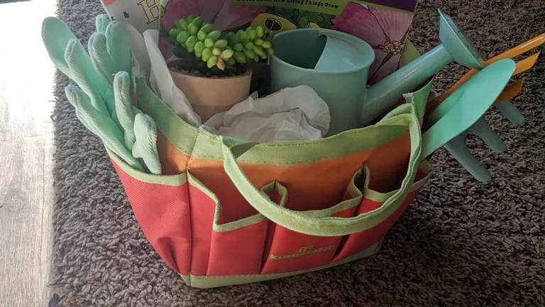 colorful Kinderific gardening tote bag with gloves