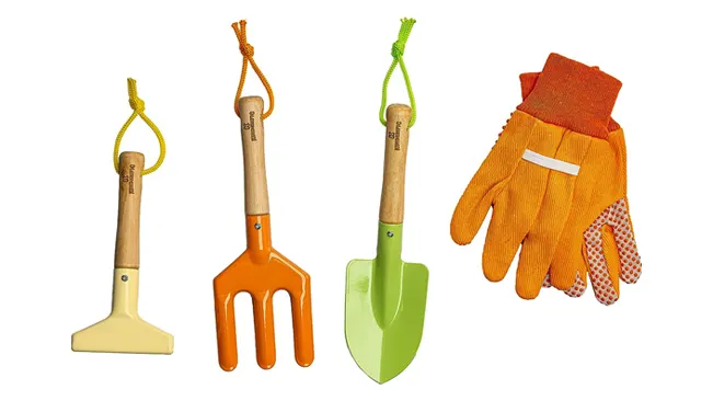  Kinderific garden tool set displayed on a white background, including a hoe, fork, trowel, and a pair of gloves