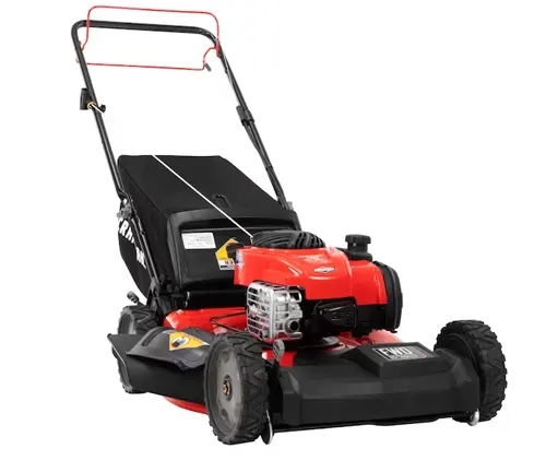 red and black lawnmower isolated on a white background