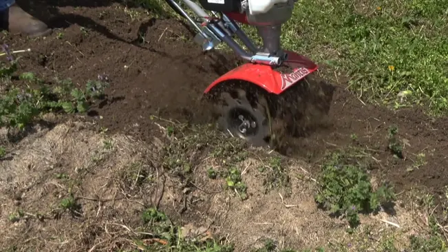 person using a red rototiller on soil.